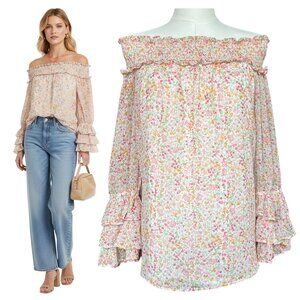 CeCe Off Shoulder Floral Blouse Smocked Ruffle Sleeve L